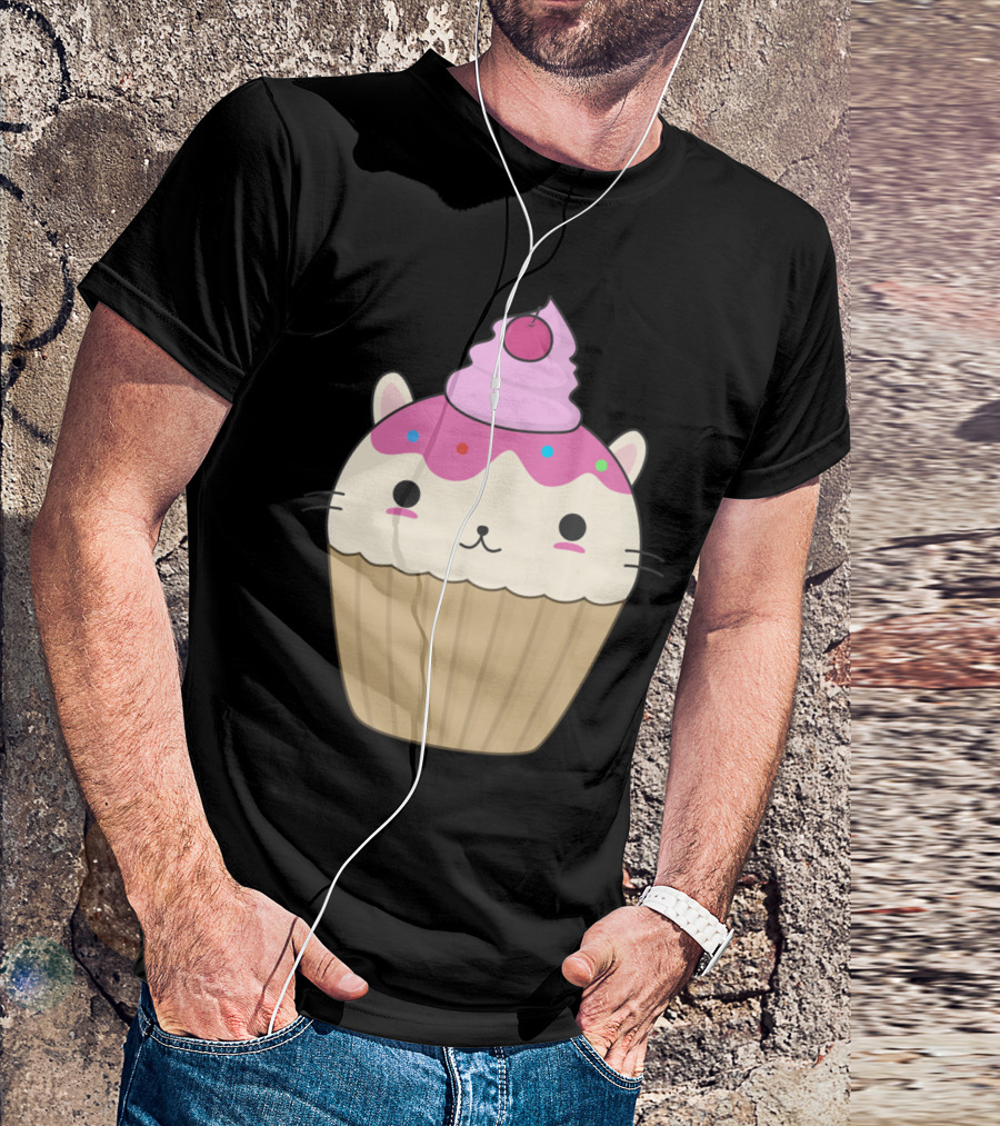 Cute Kawaii Cat Cupcake With Cherry And Sprinkles T-Shirt