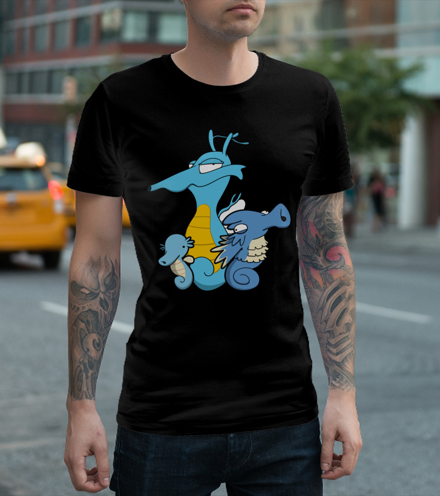 Seahorseysr Cartoon Style Seahorse Trio with Blue and Yellow Characters T-Shirt
