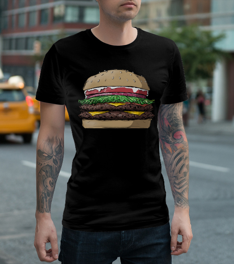 Double Cheeseburger Delight in Vibrant Comic T-Shirt