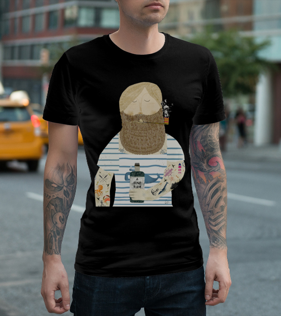 A Fine Rum Sailor with Beard and Tattoos Holding Rum Bottle T-Shirt