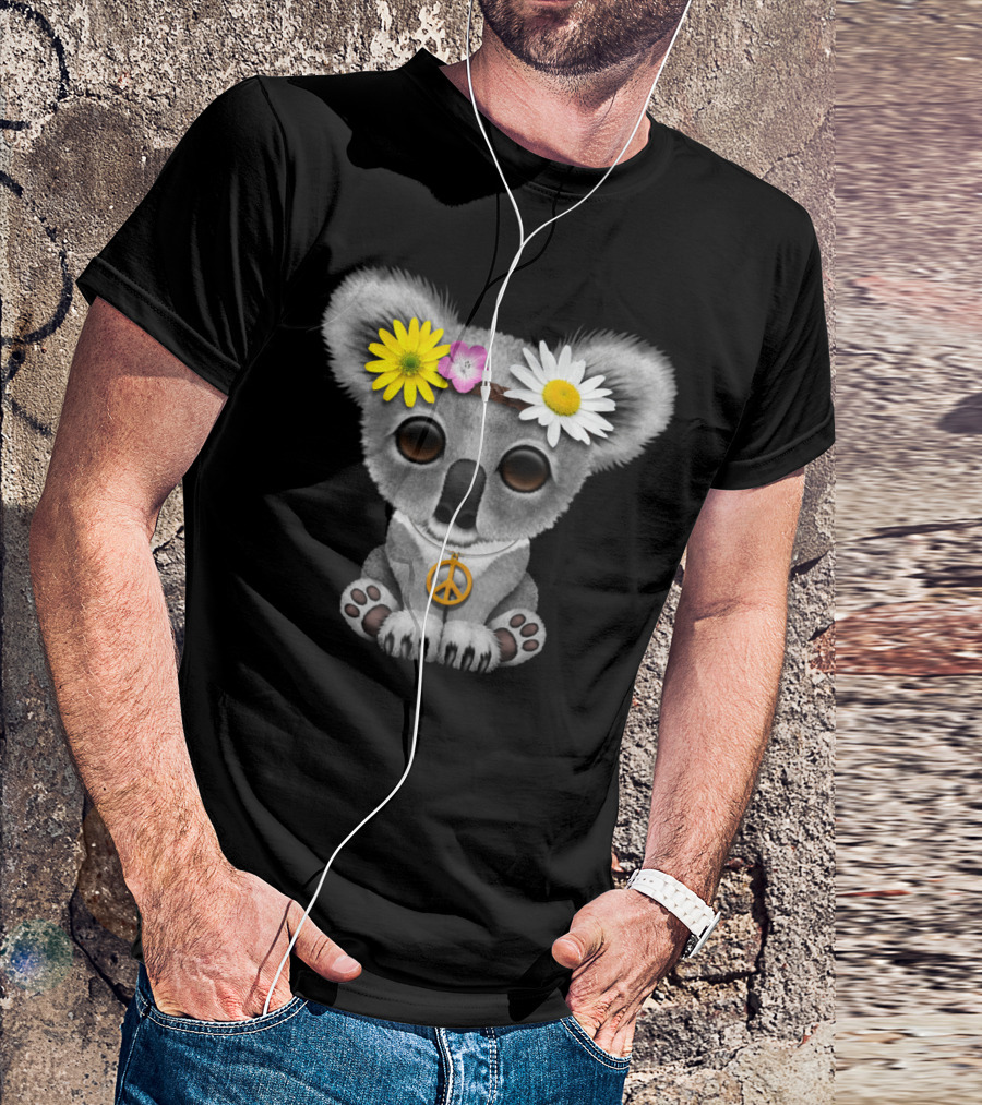 Cute Baby Koala With Flowers And Peace Sign Hippie T-Shirt