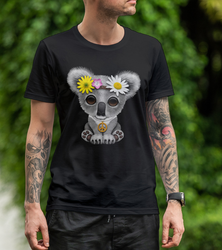 Cute Baby Koala With Flowers And Peace Sign Hippie T-Shirt