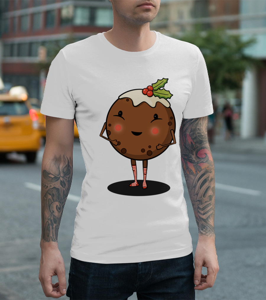 Just Pudding It Out There Festive Christmas Dessert Character With Holly And Candy Cane Stripes T-Shirt