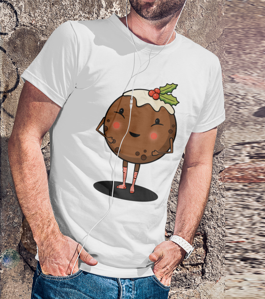 Just Pudding It Out There Festive Christmas Dessert Character With Holly And Candy Cane Stripes T-Shirt