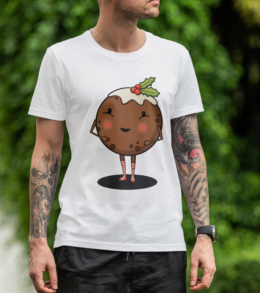 Just Pudding It Out There Festive Christmas Dessert Character With Holly And Candy Cane Stripes T-Shirt
