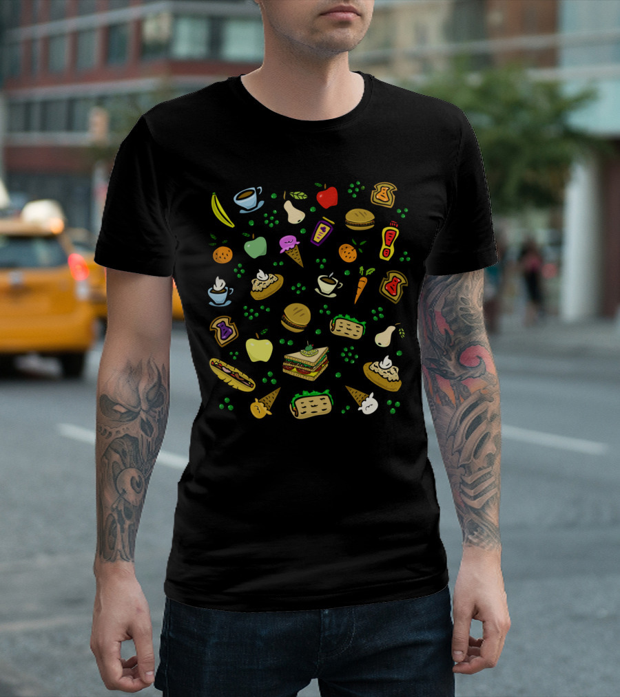 Food Glorious Food Colorful Icons of Fruits Sandwiches Ice Cream Cups T-Shirt