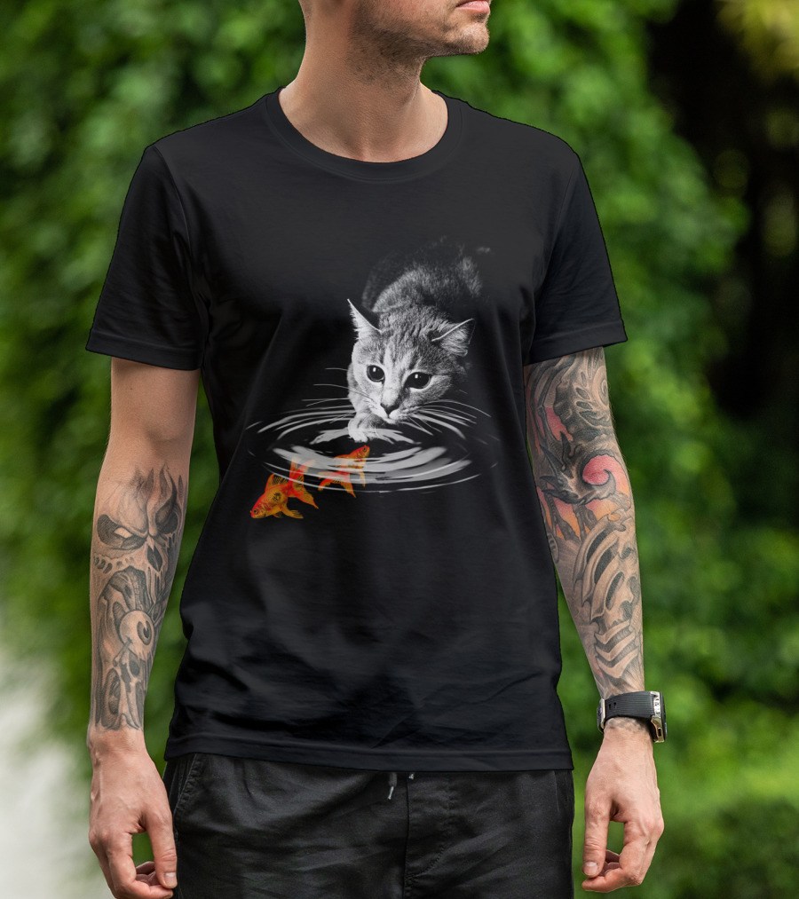 Cat Staring At Koi Fish In Water Ripples T-Shirt