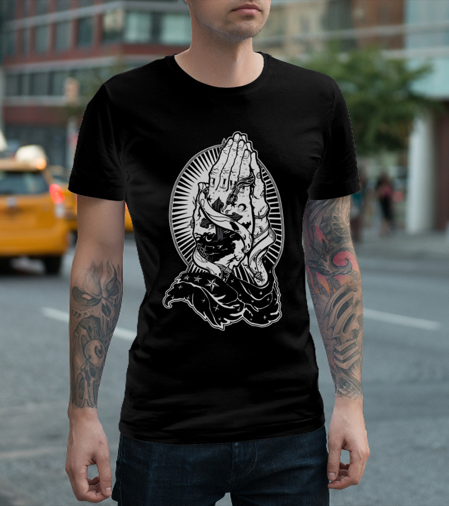 For Snake Sake Praying Hands and Serpent Iconography T-Shirt