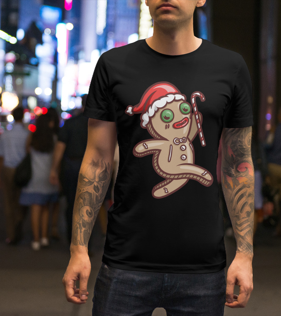Gingerbread Man Santa Hat Candy Cane T-Shirt