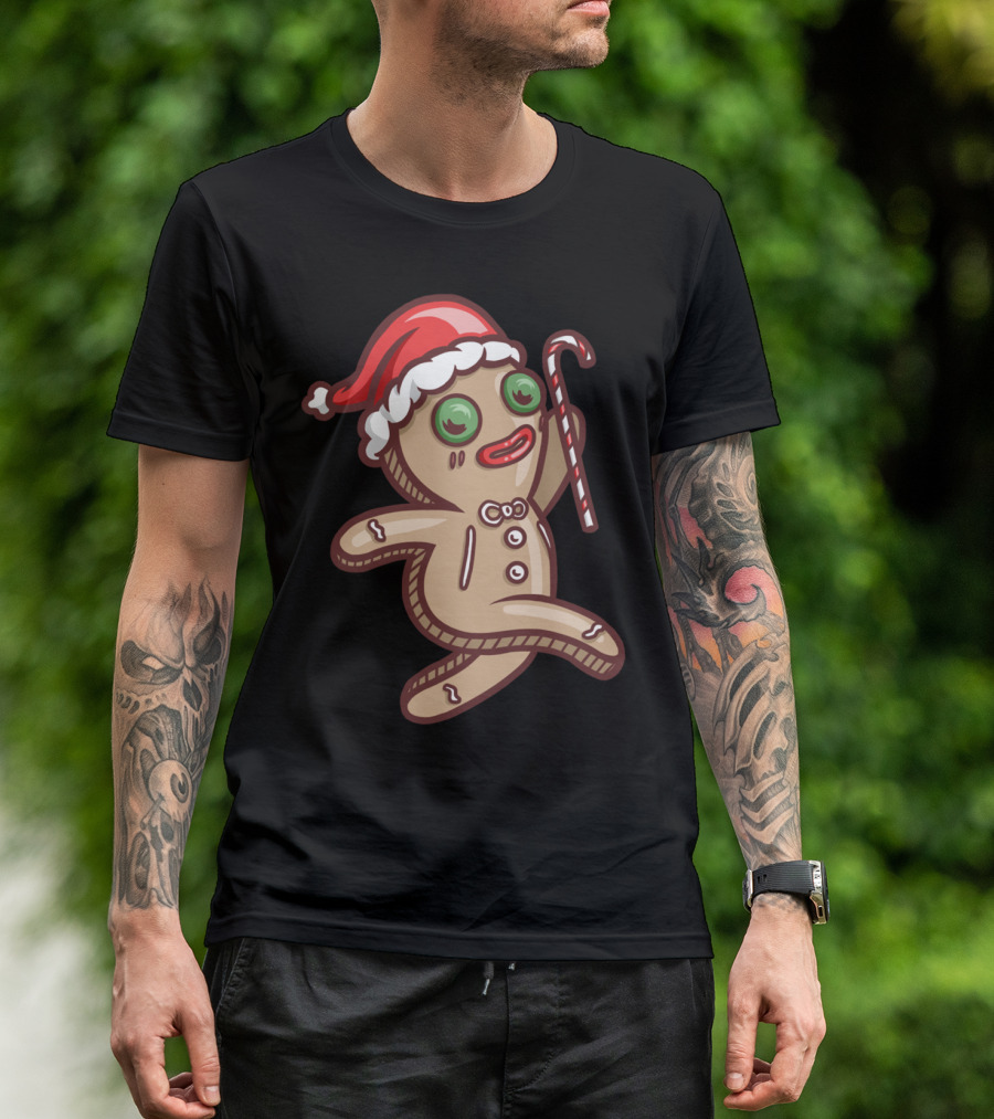 Gingerbread Man Santa Hat Candy Cane T-Shirt