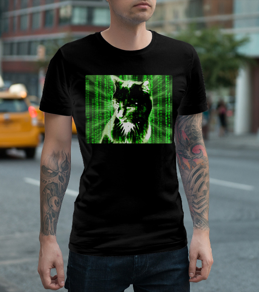 Digital Black Cat Matrix Code Green Effect T-Shirt