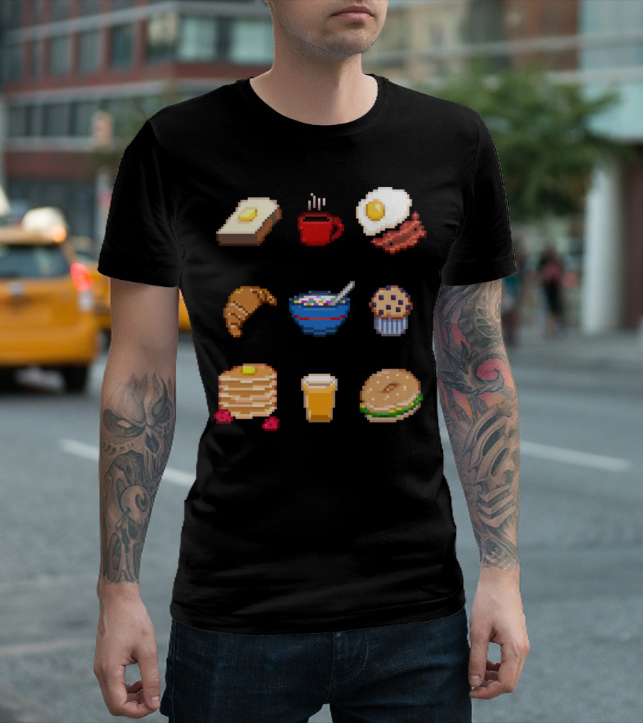 Breakfast Time Toast Eggs Muffin Pancakes Bagel Croissant Cereal Coffee Juice T-Shirt