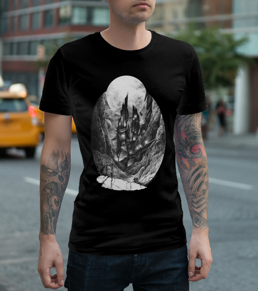 City In The Far Future: Futuristic Skyline With Towering Structures And Rocky Landscape T-Shirt