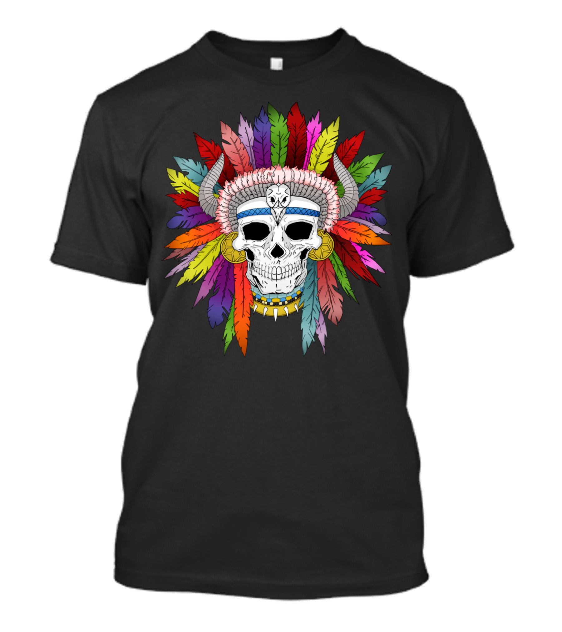Shamanistic Skull With Colorful Feather Headdress And Horns T-Shirt