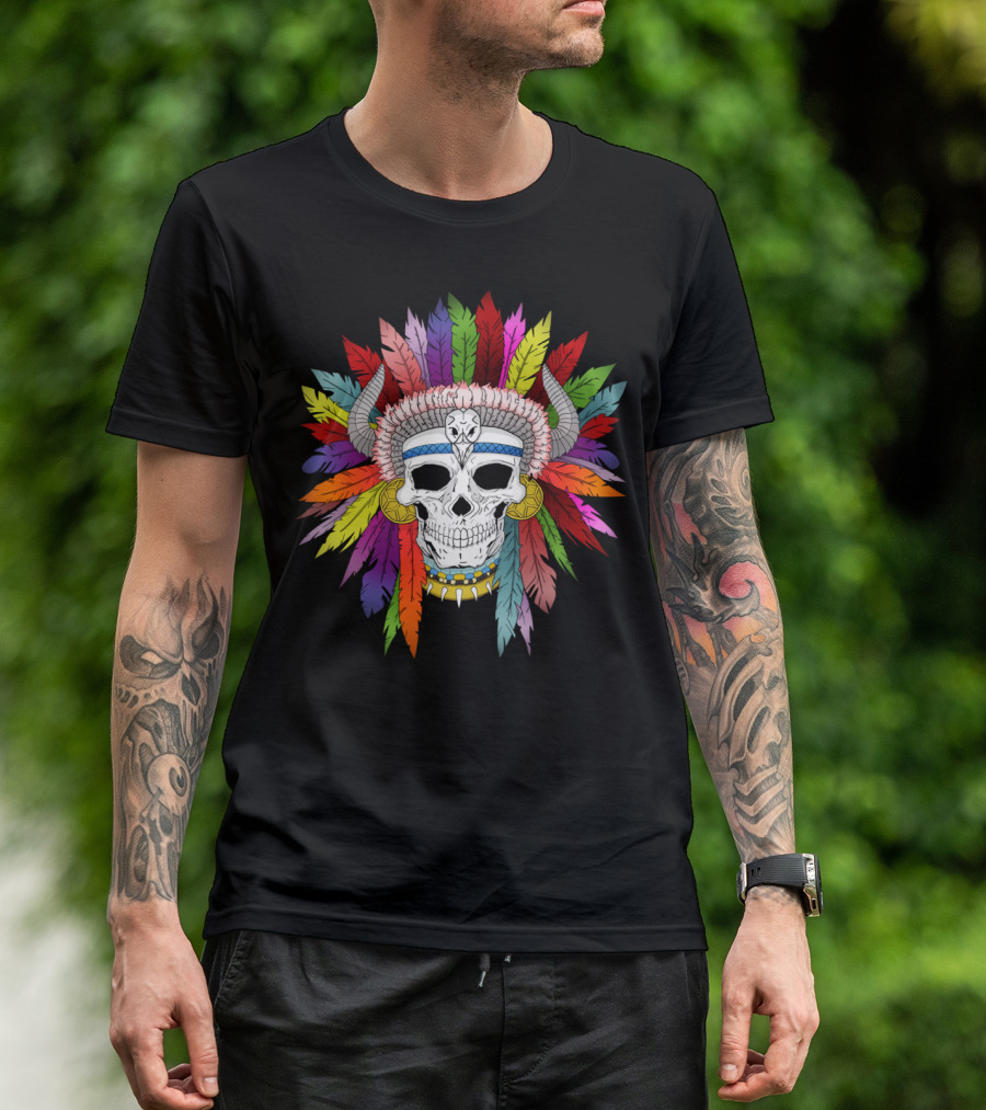 Shamanistic Skull With Colorful Feather Headdress And Horns T-Shirt