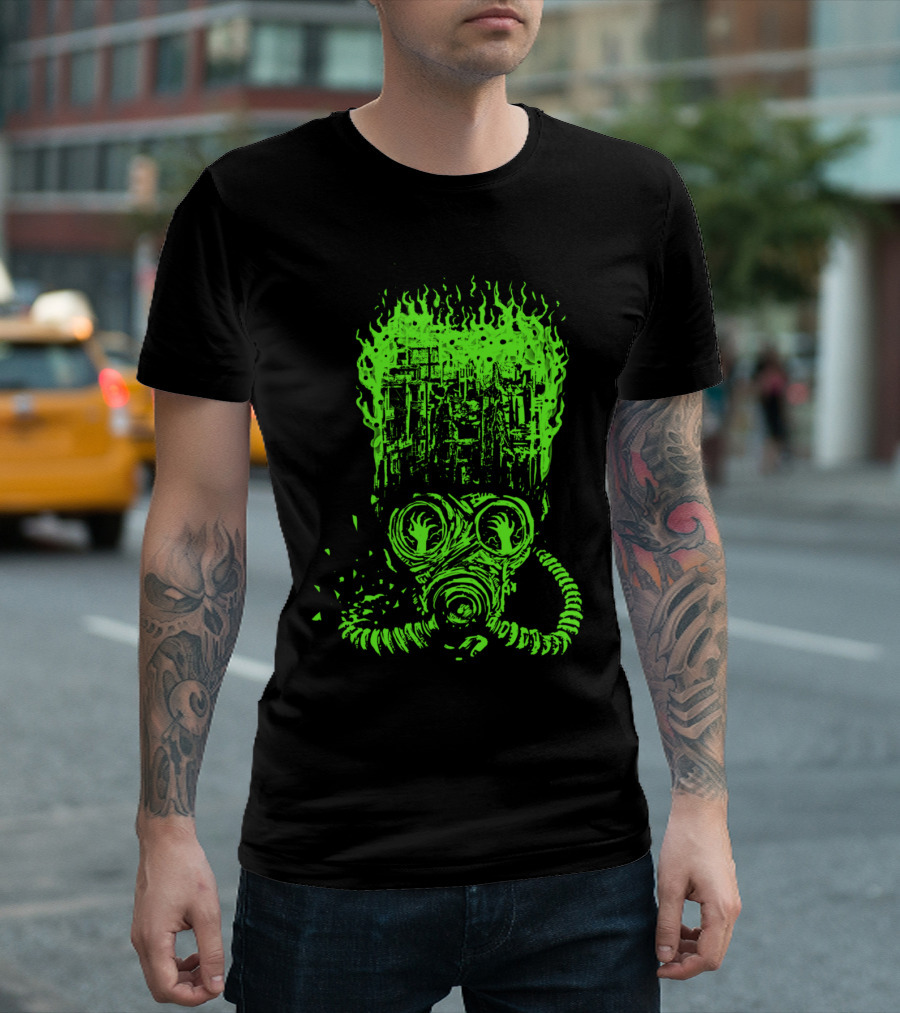 City On Fire Gas Mask Inferno Neon Green T-Shirt