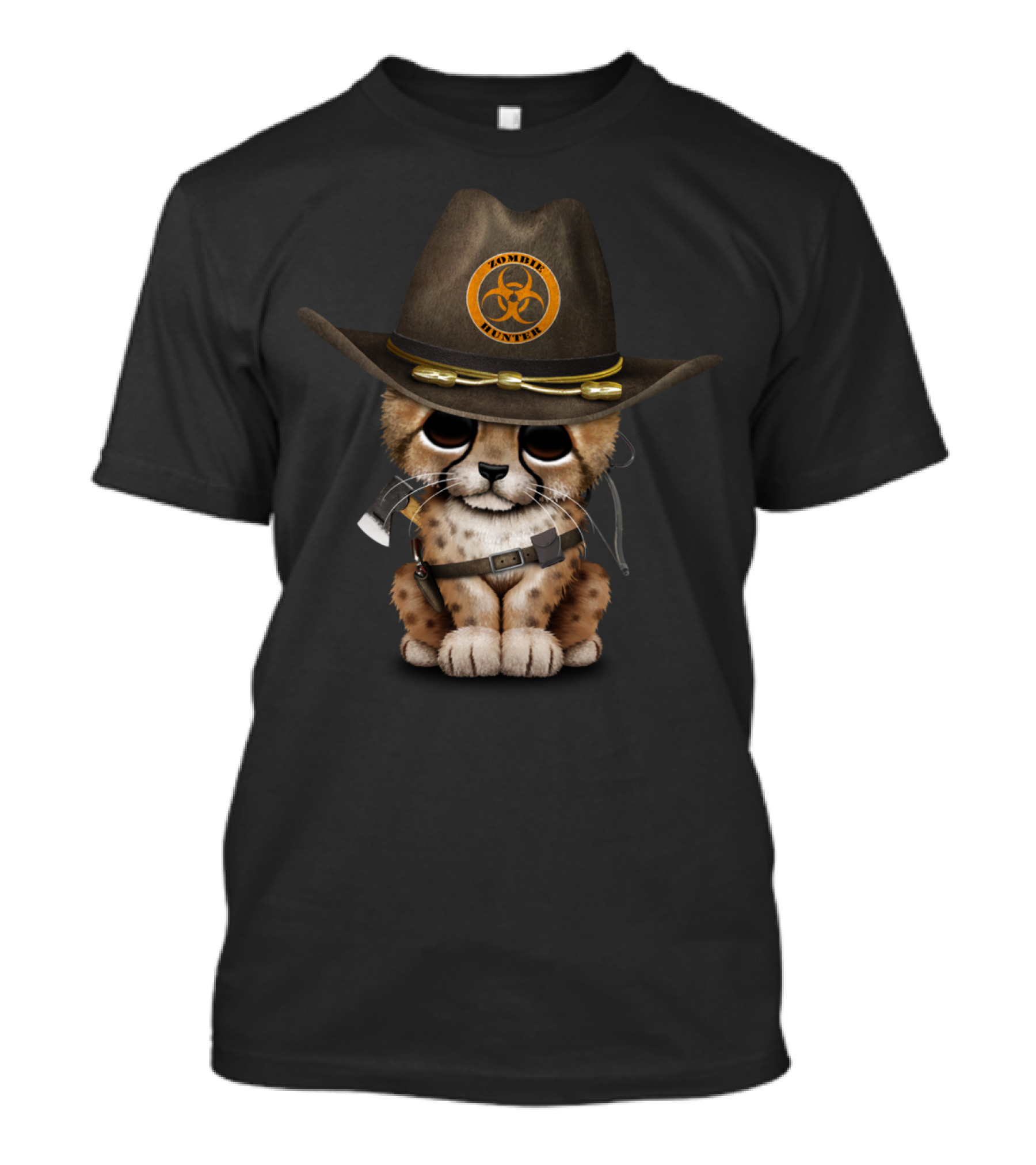 Cute Cheetah Cub Zombie Hunter With Hazard Symbol Hat T-Shirt