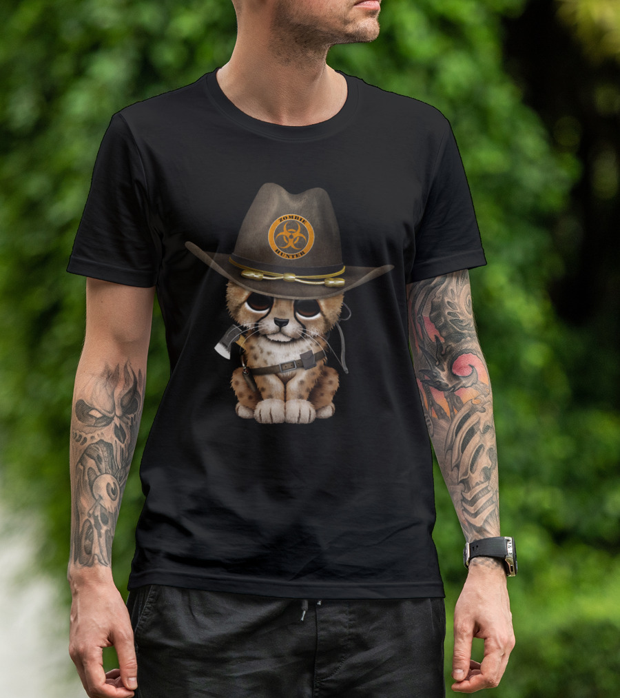 Cute Cheetah Cub Zombie Hunter With Hazard Symbol Hat T-Shirt