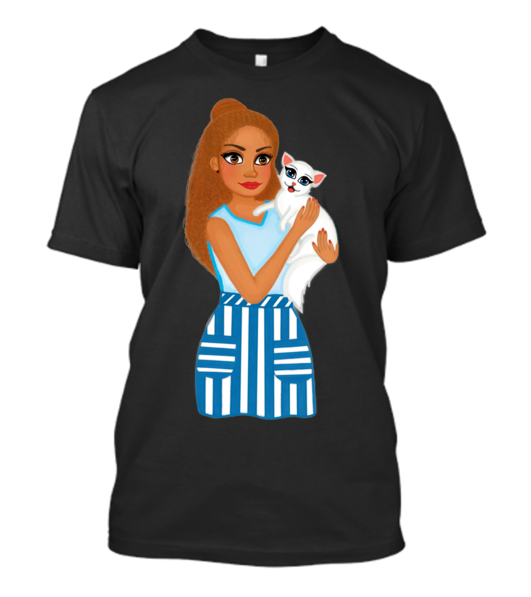 Girl Hugging White Cat With Blue Striped Skirt T-Shirt