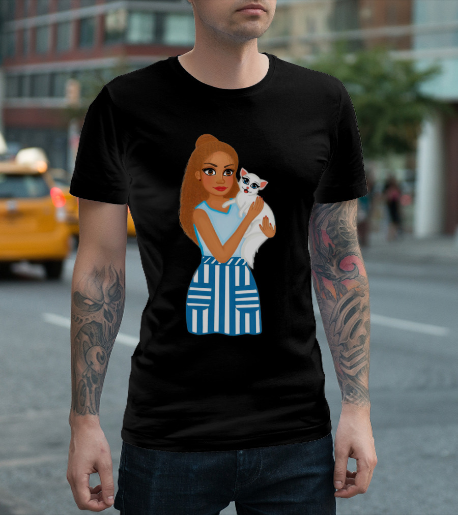 Girl Hugging White Cat With Blue Striped Skirt T-Shirt