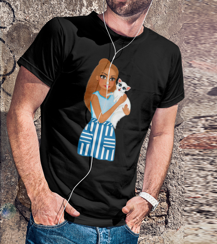 Girl Hugging White Cat With Blue Striped Skirt T-Shirt