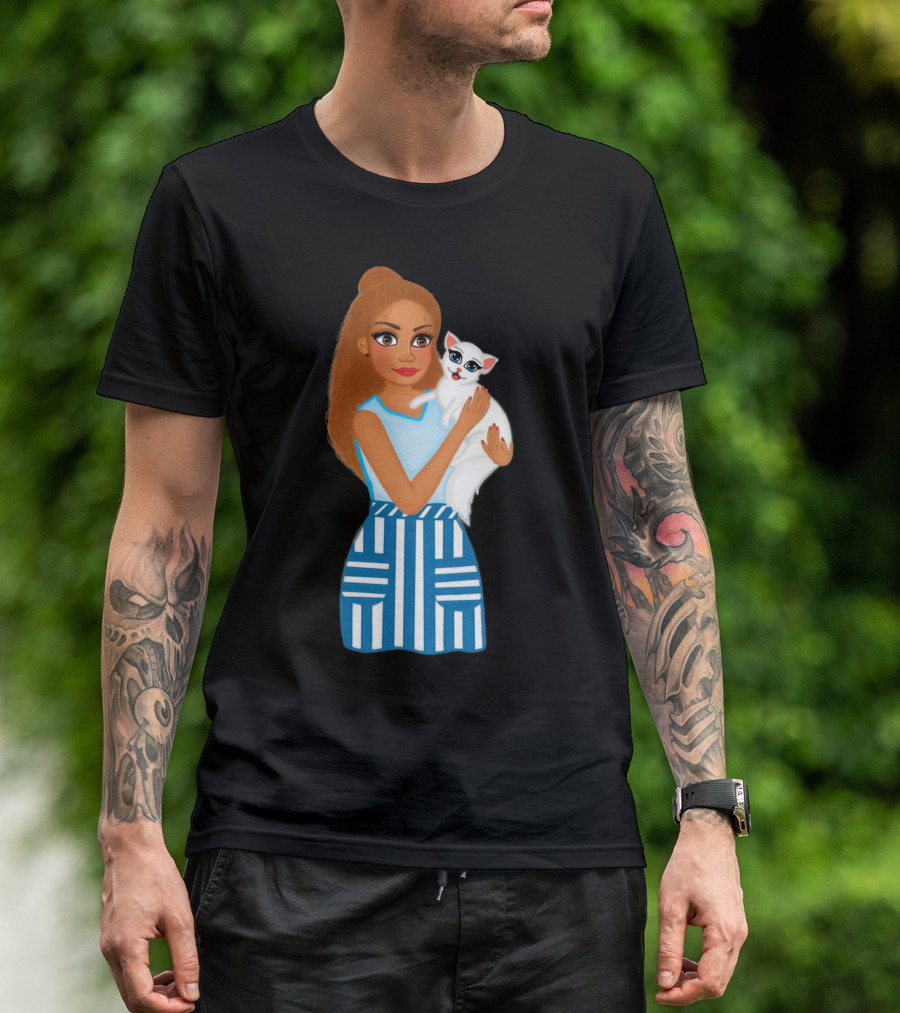 Girl Hugging White Cat With Blue Striped Skirt T-Shirt