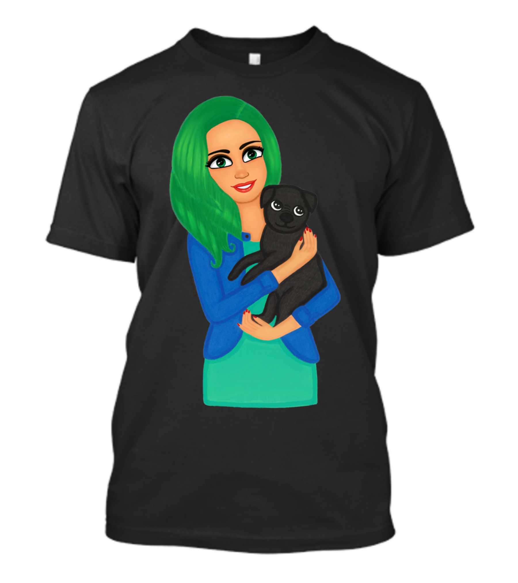 Girl With Green Hair Holding Black Dog T-Shirt