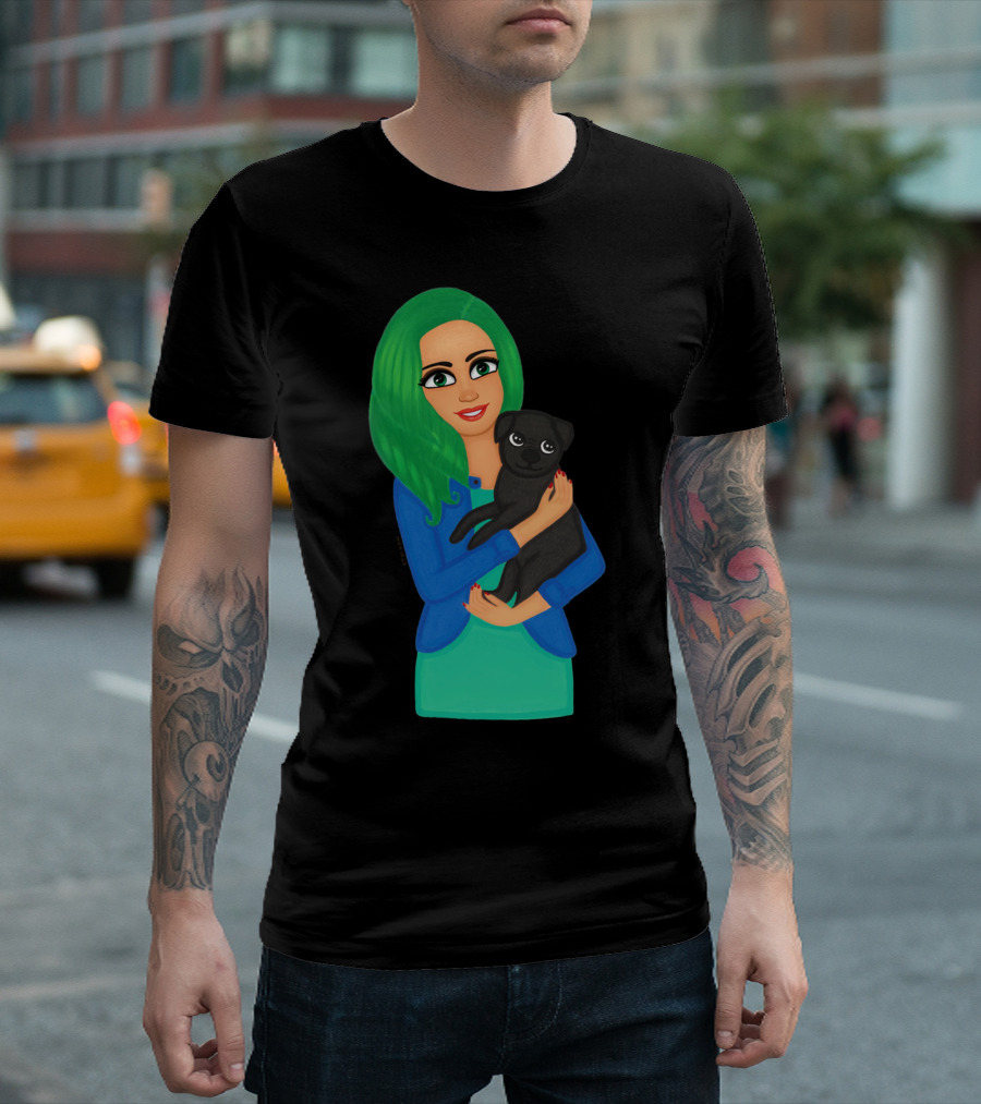 Girl With Green Hair Holding Black Dog T-Shirt