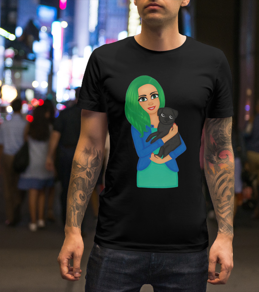 Girl With Green Hair Holding Black Dog T-Shirt