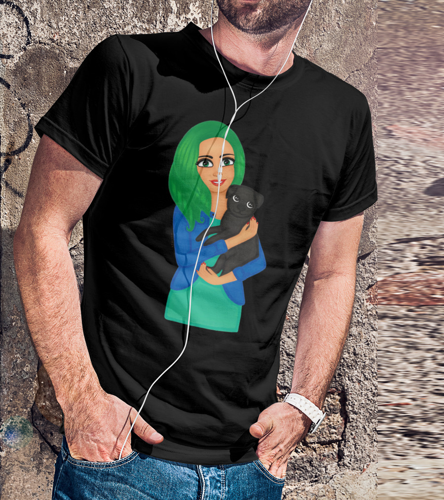 Girl With Green Hair Holding Black Dog T-Shirt