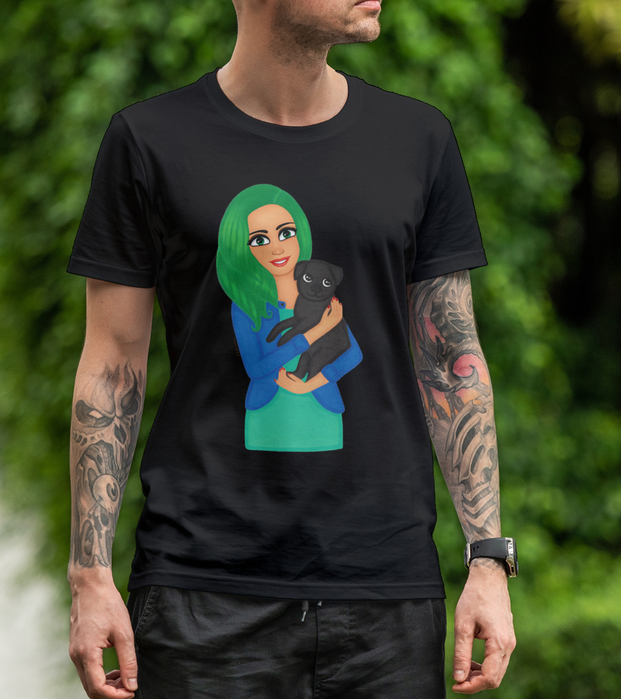 Girl With Green Hair Holding Black Dog T-Shirt