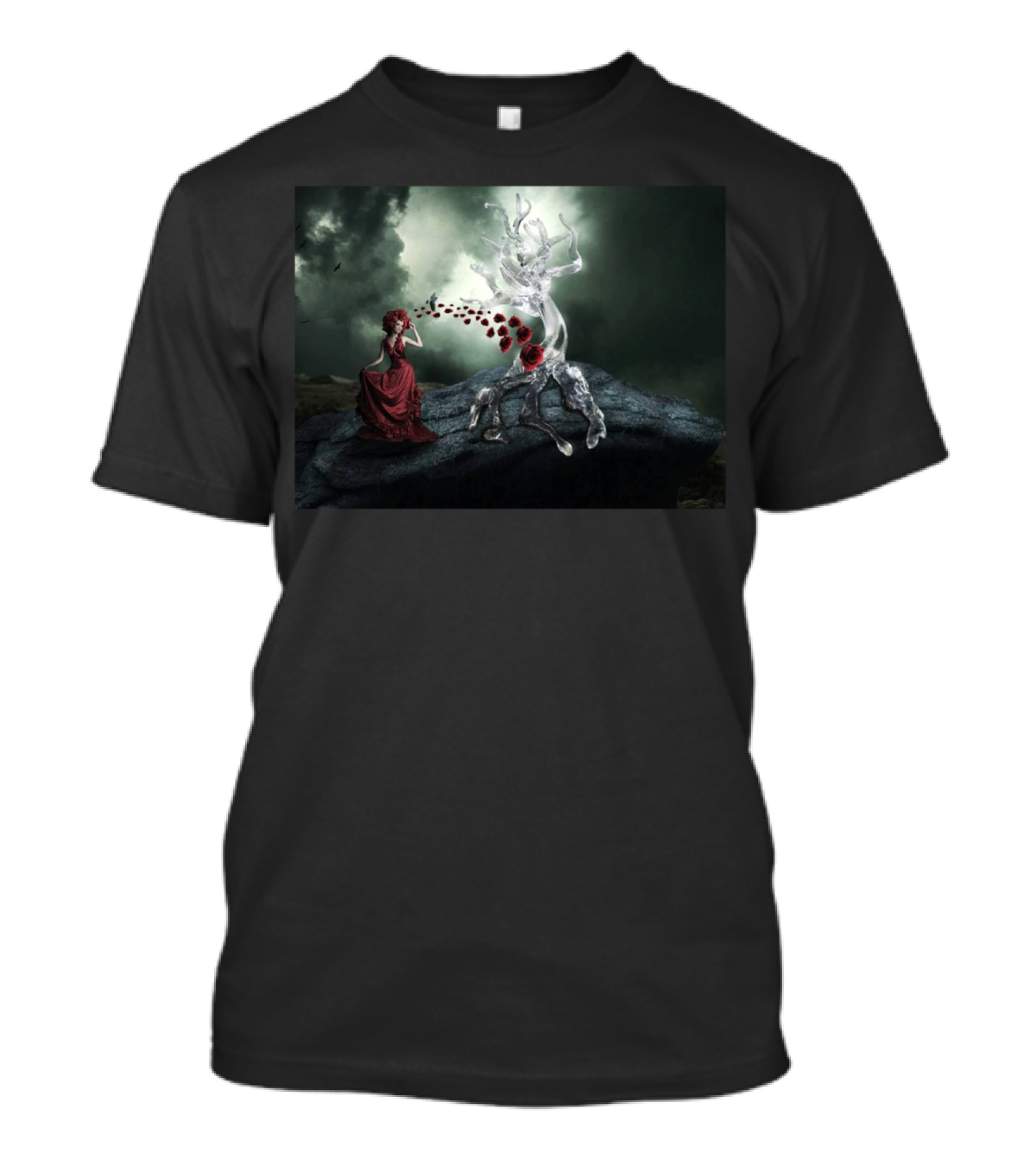 Girl In Nature With Mystical Crystal Tree And Flowing Roses T-Shirt