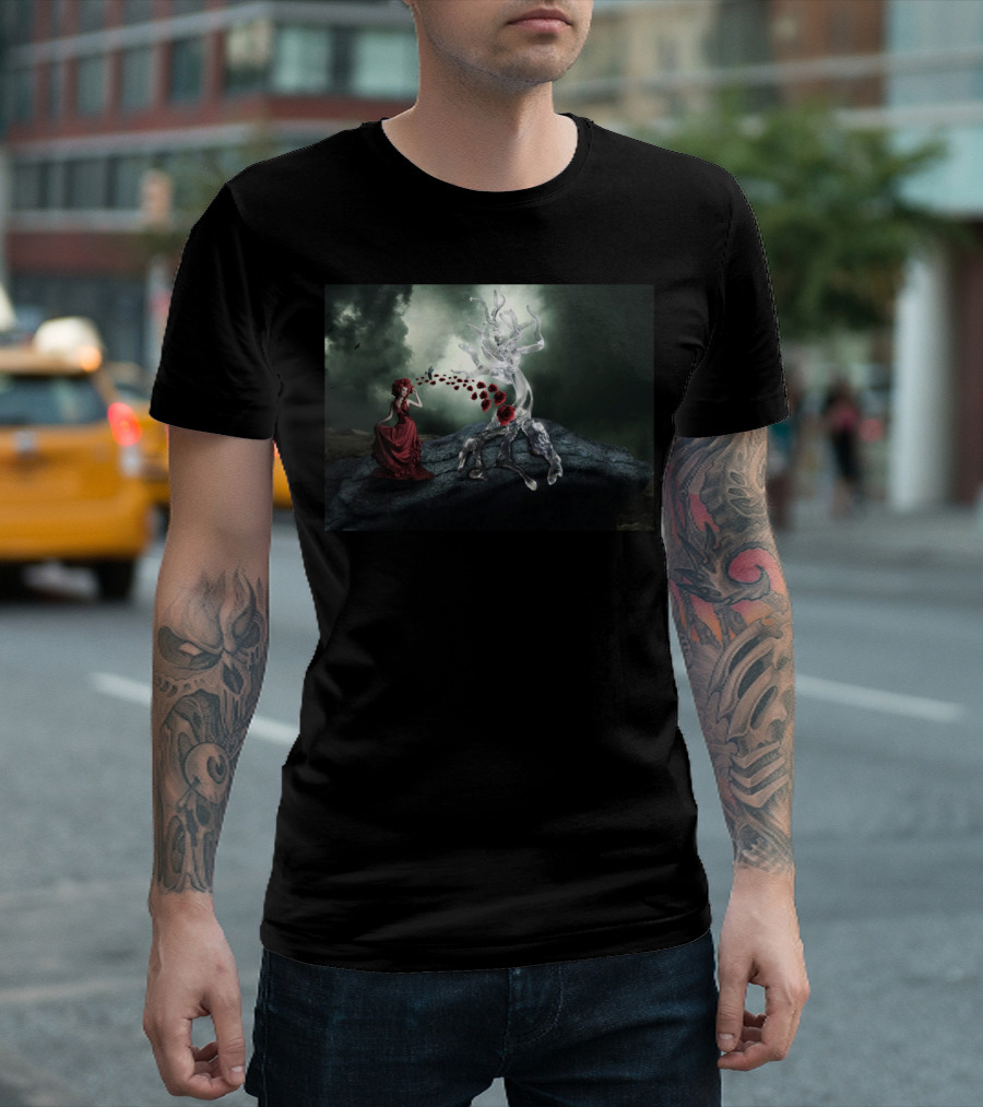 Girl In Nature With Mystical Crystal Tree And Flowing Roses T-Shirt