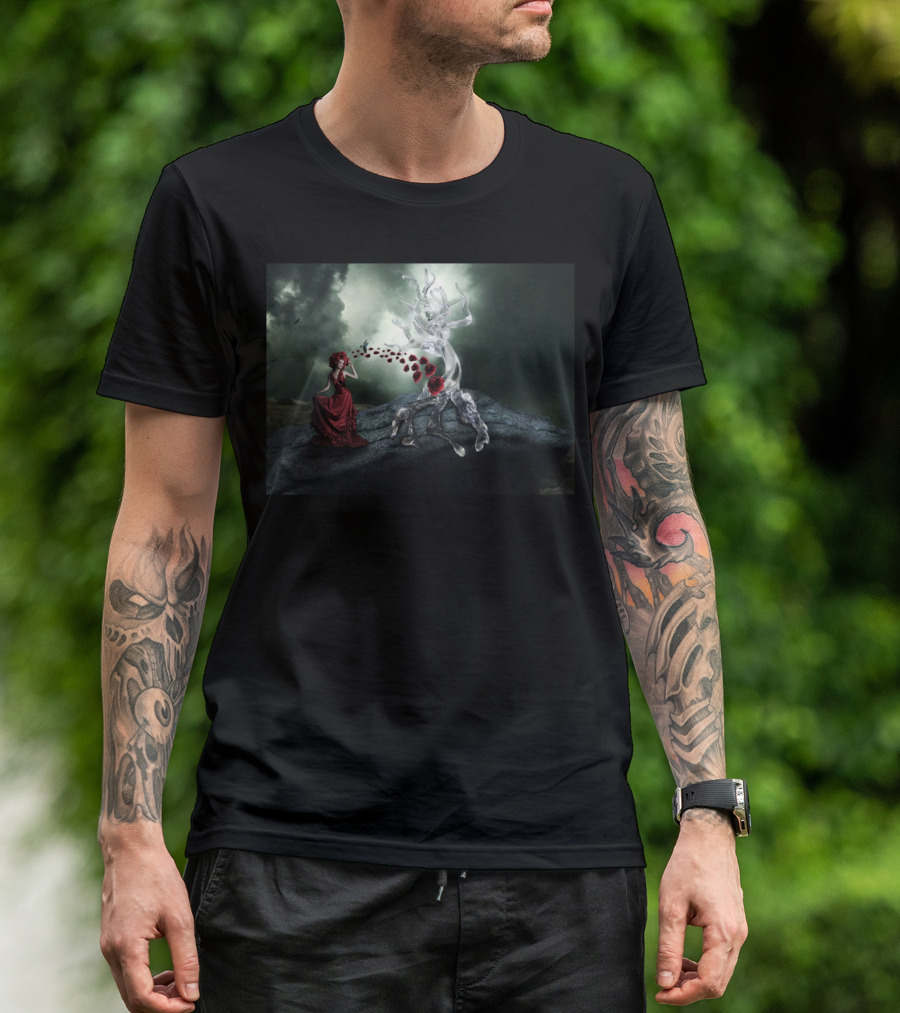 Girl In Nature With Mystical Crystal Tree And Flowing Roses T-Shirt