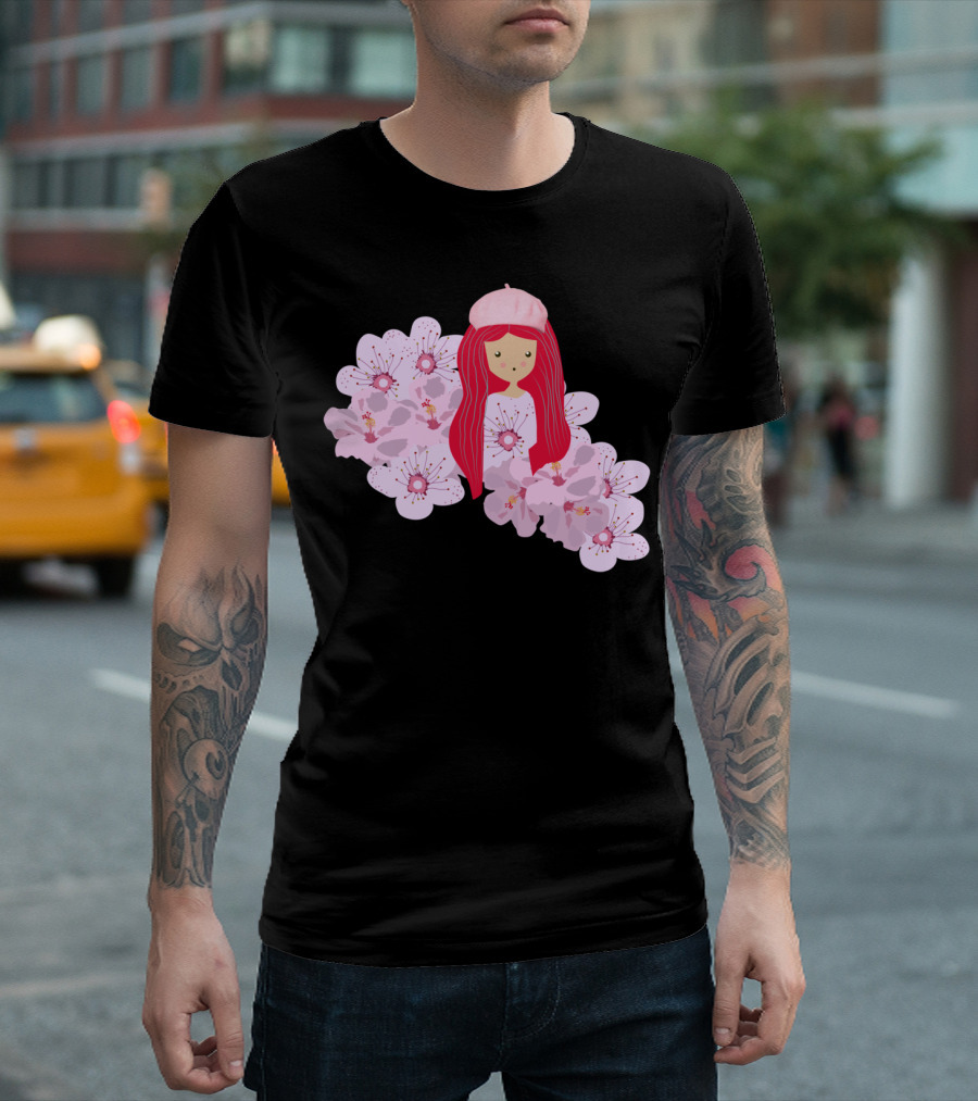 Girl On Flowers Sa Cherry Blossom Girl With Pink Hat T-Shirt