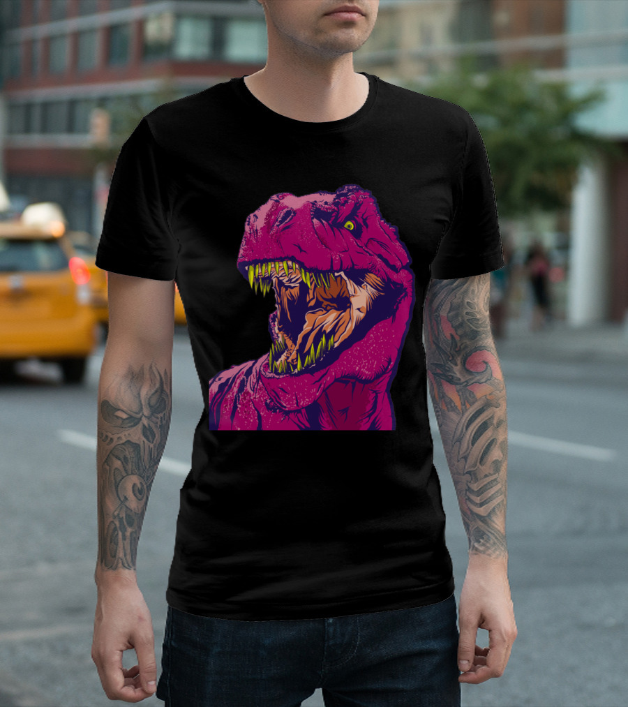 DINO FRENZY All Over Mens T Rex Roaring Pop Art Style Vibrant Colors T-Shirt
