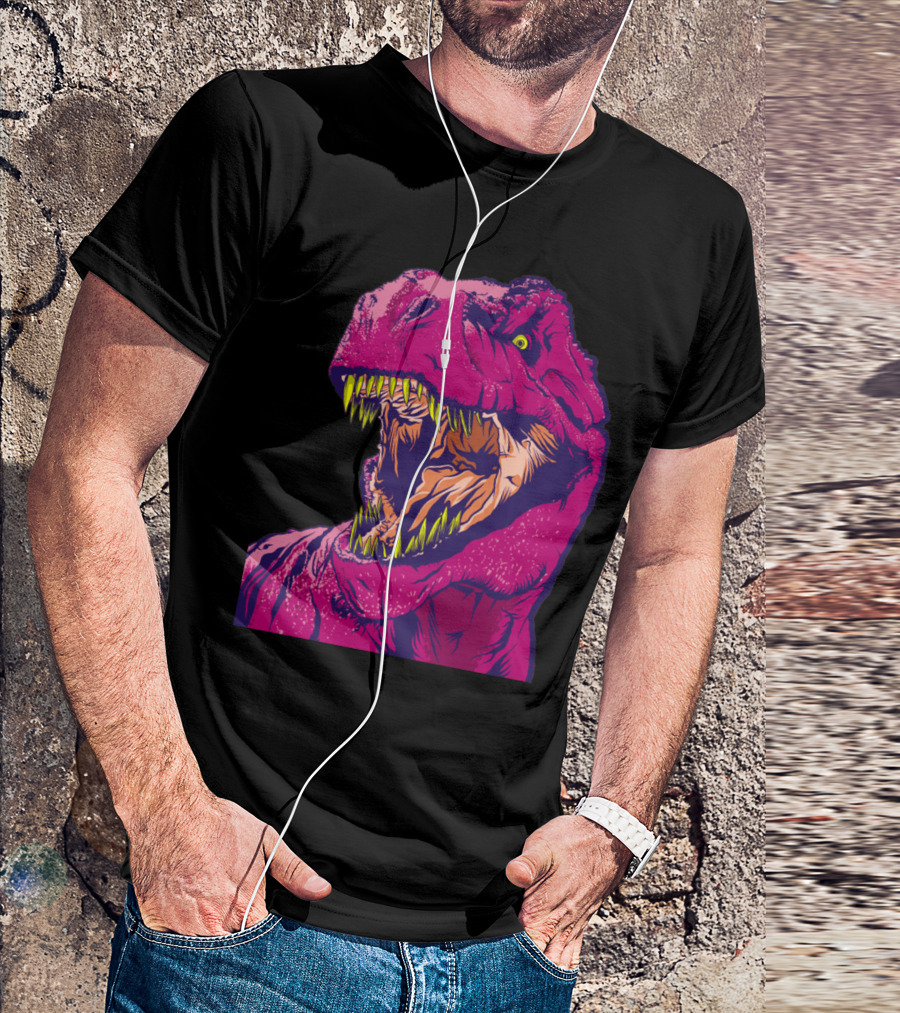 DINO FRENZY All Over Mens T Rex Roaring Pop Art Style Vibrant Colors T-Shirt