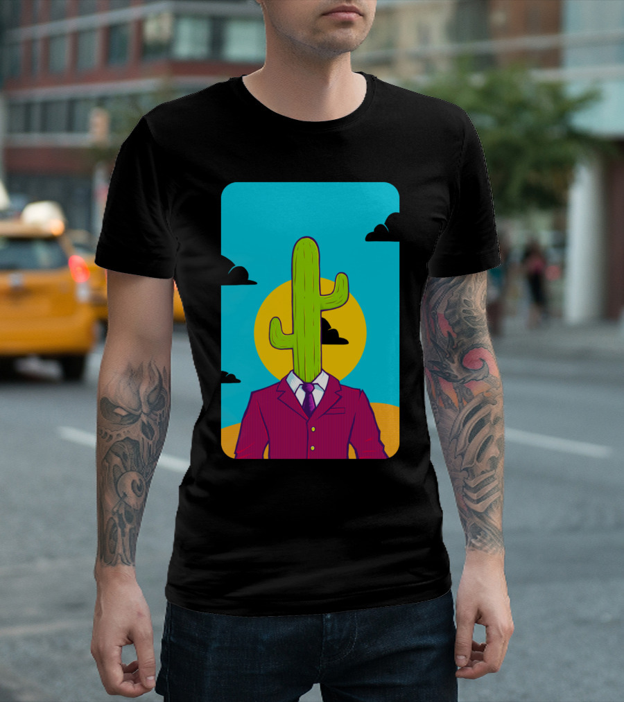 Sharp Dressed Cactus Man in Suit with Sun and Sky Background T-Shirt