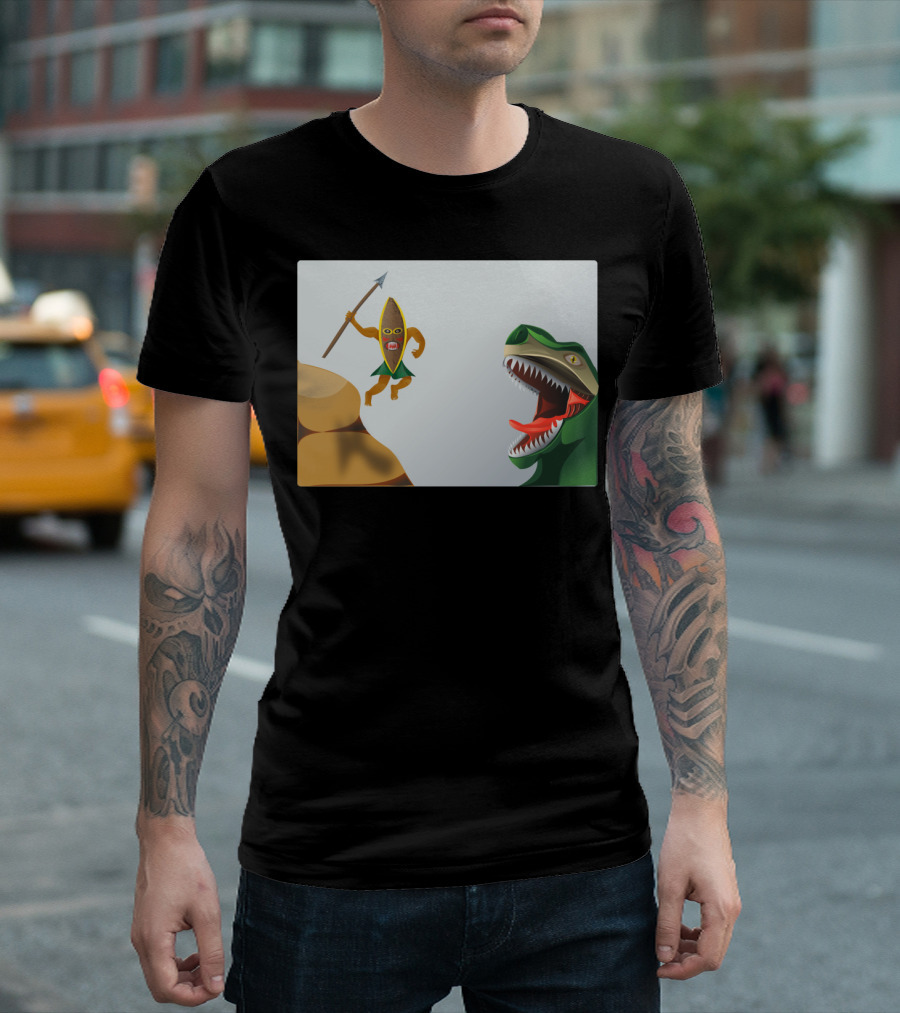 Dinosaur Hunter with Spear-Wielding Warrior and Roaring T-Rex T-Shirt