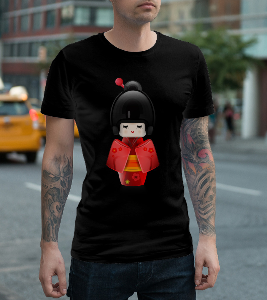 Kokeshi Doll Kimono Floral In Red T-Shirt