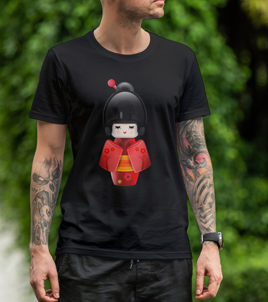 Kokeshi Doll Kimono Floral In Red T-Shirt