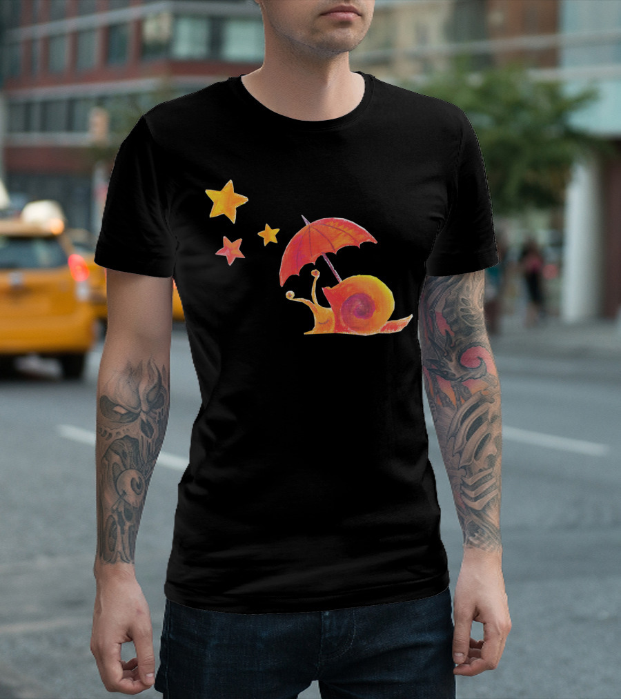 Bright Cute Snail With An Umbrella Walking Under Stars T-Shirt