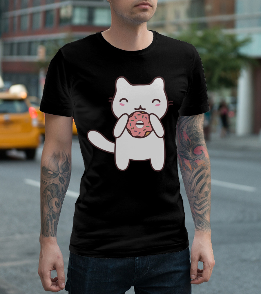 Cute Donut Eating Cat with Pink Frosting and Sprinkles T-Shirt