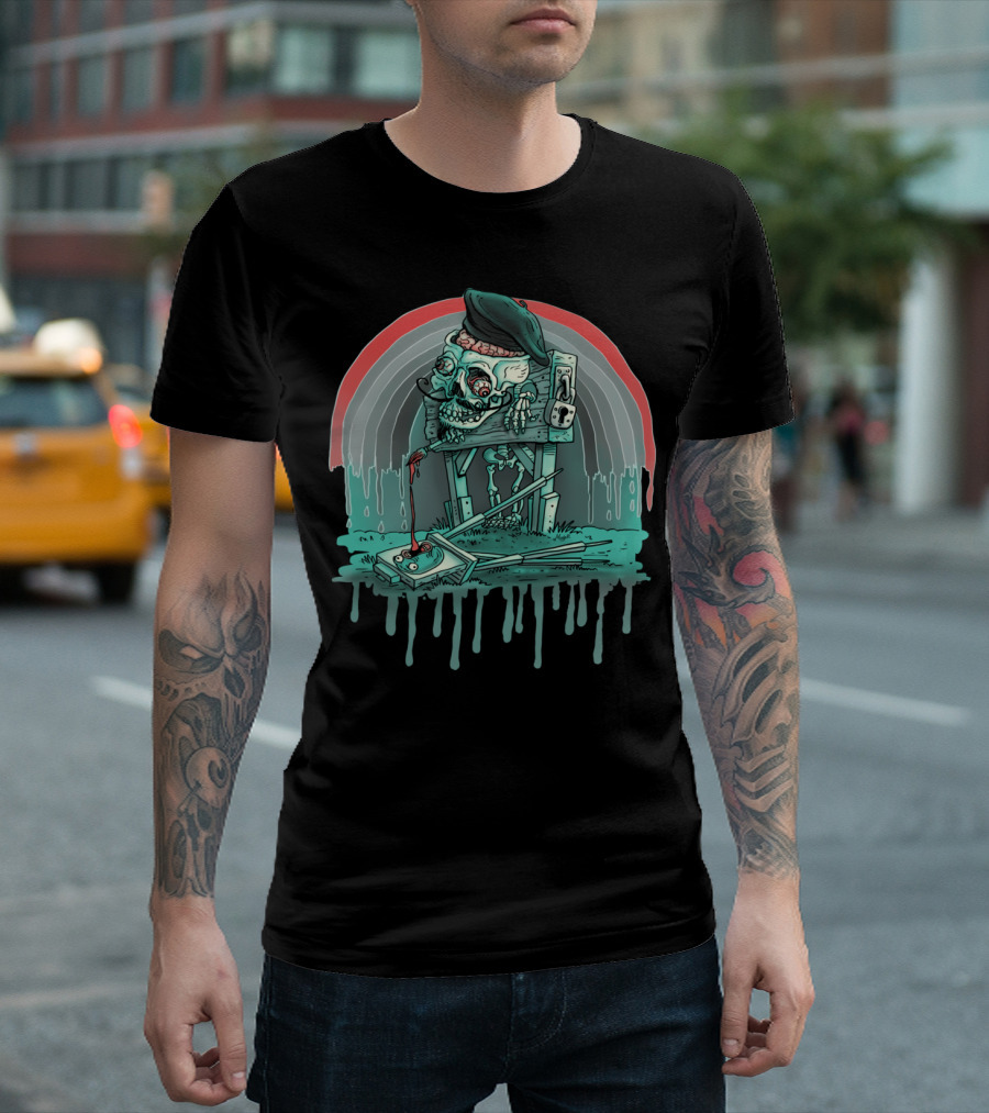 Bad Naughty Hipster Artist Skull with Beret and Brain Rainbow T-Shirt