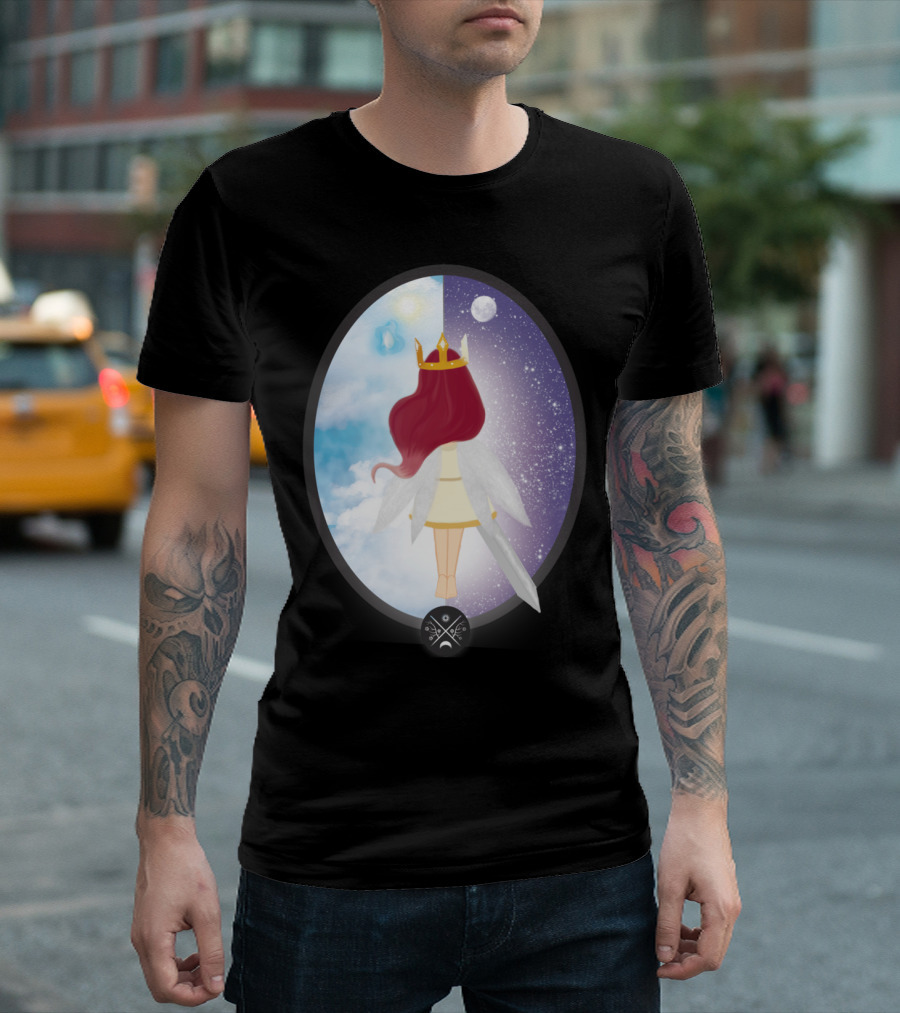 Aurora Monarch with Wings and Sword in Cosmic Duality T-Shirt