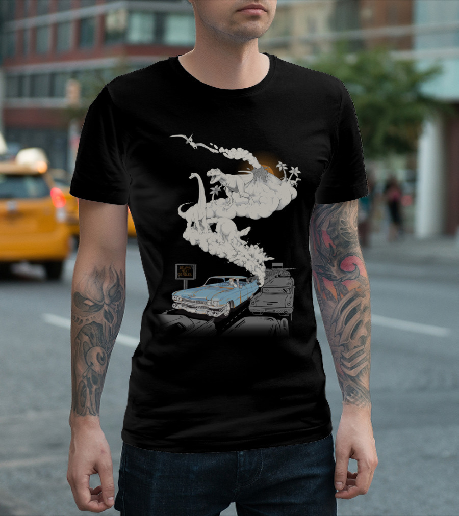 Dinosaurs Erupt From Vintage Car Exhaust In Traffic Jam With Delays Ahead Sign T-Shirt