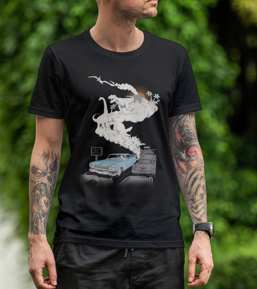 Dinosaurs Erupt From Vintage Car Exhaust In Traffic Jam With Delays Ahead Sign T-Shirt