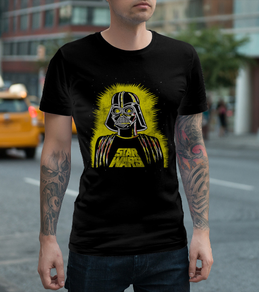 Star Wars Classic Distressed Vader Retro Style Yellow Burst T-Shirt