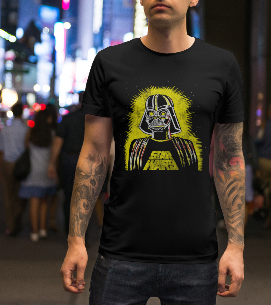 Star Wars Classic Distressed Vader Retro Style Yellow Burst T-Shirt