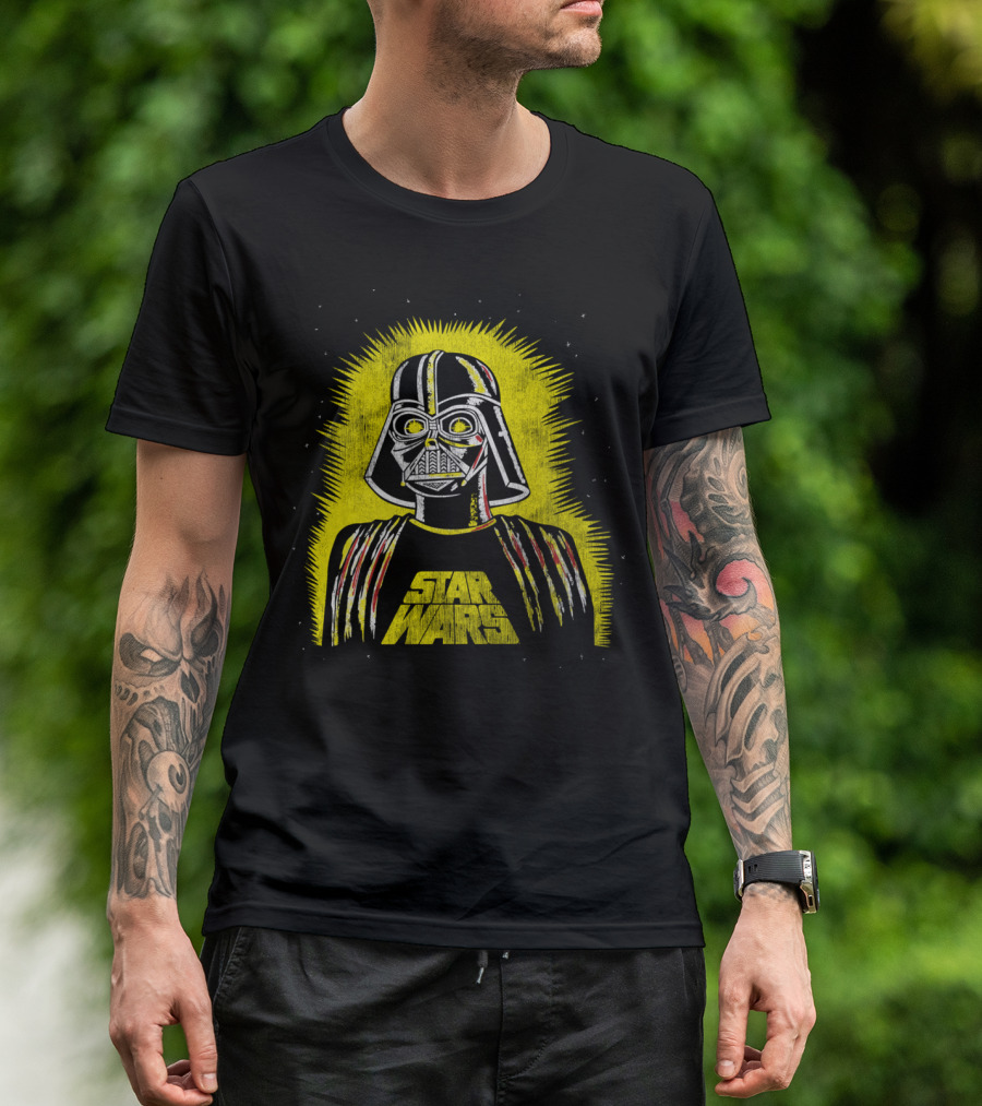 Star Wars Classic Distressed Vader Retro Style Yellow Burst T-Shirt